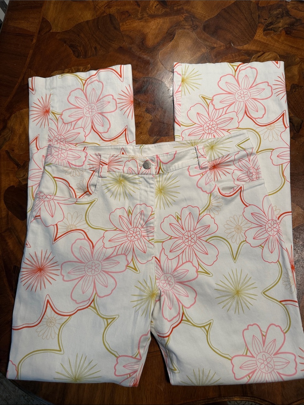 Tori Richard White Jeans with Pink Floral & Gold Starburst Print
